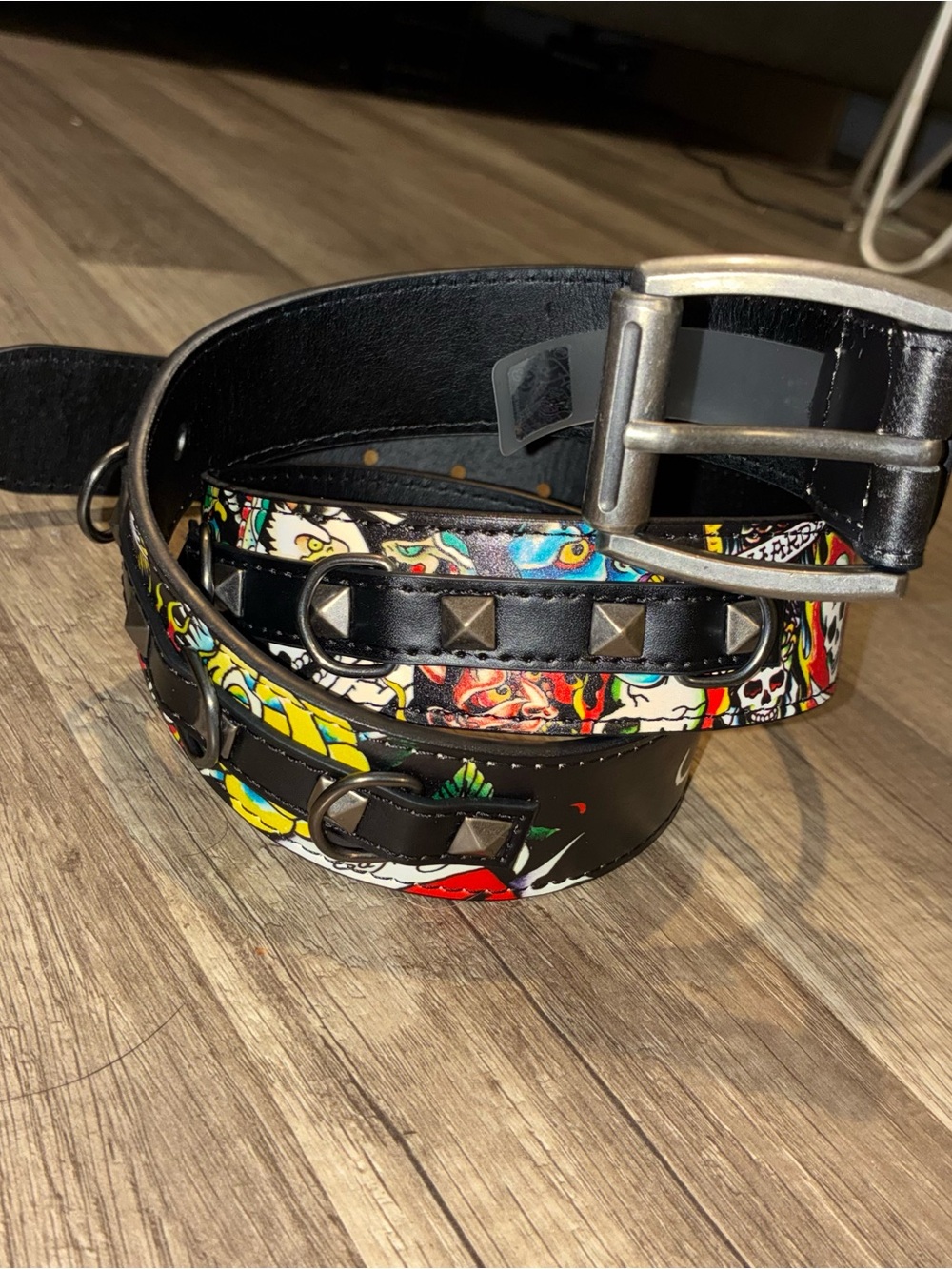 (Brand New) Size 36 - Black Edhardy Belt with Tattoo Design And Metal Loops